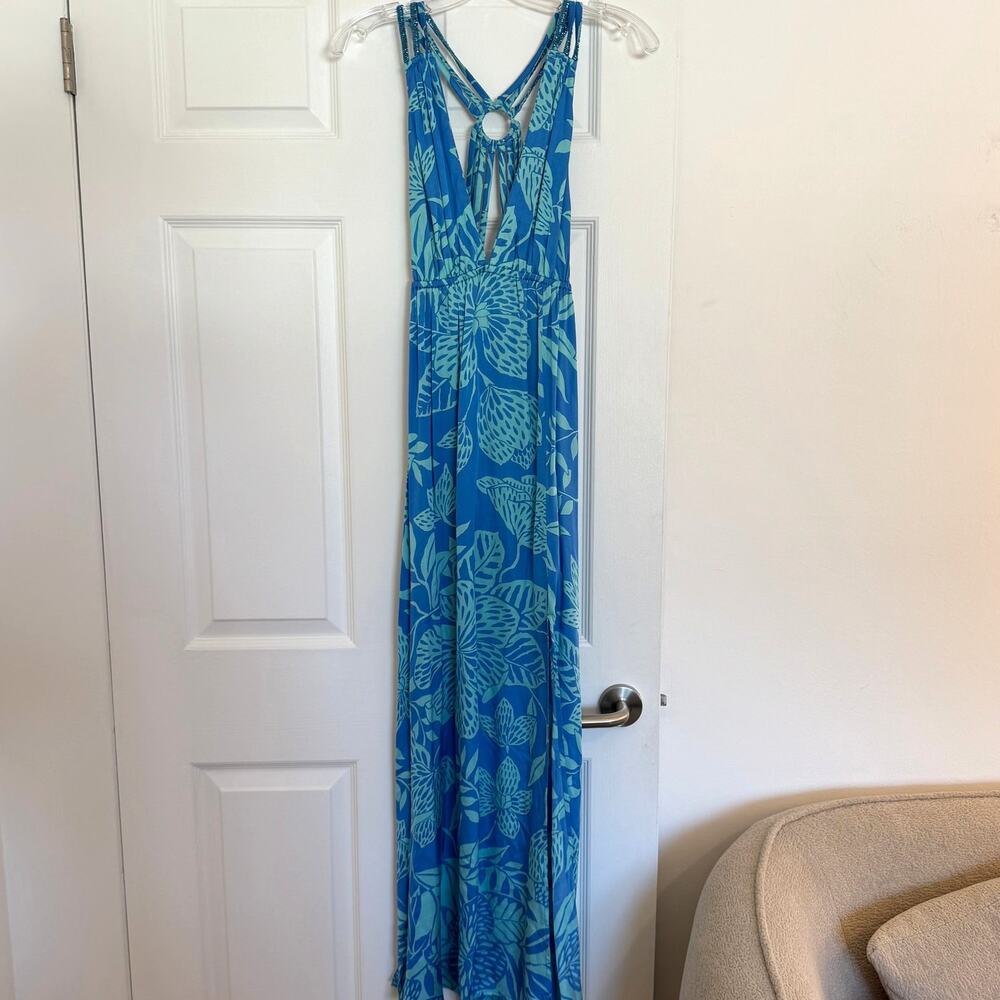 NWT Poupette St Barth Floral XS Sequin Strap Blue Maxi Dress Resortwear Tropical